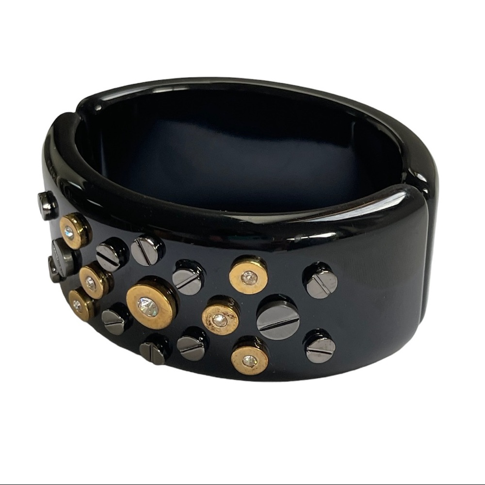 Black Magnet Hinge Bracelet w/ Mixed Metal Studs and Crystal Stones